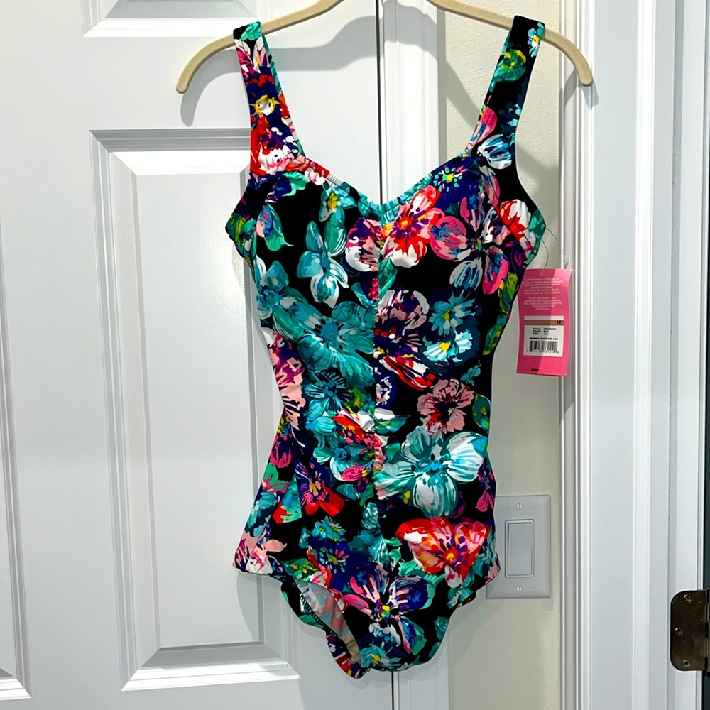 New ROSE MARIE REID Size 12 one-piece swimsuit black colorful floral print NWT